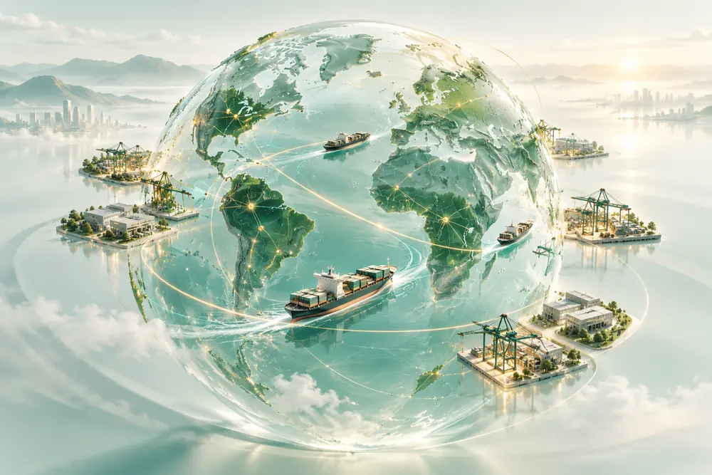 全球航运、港口与供应商节点的地球主题插图